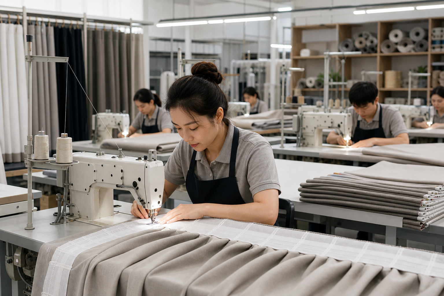 Curtain sewing line with professionals stitching pleats and lining details in a clean workshop