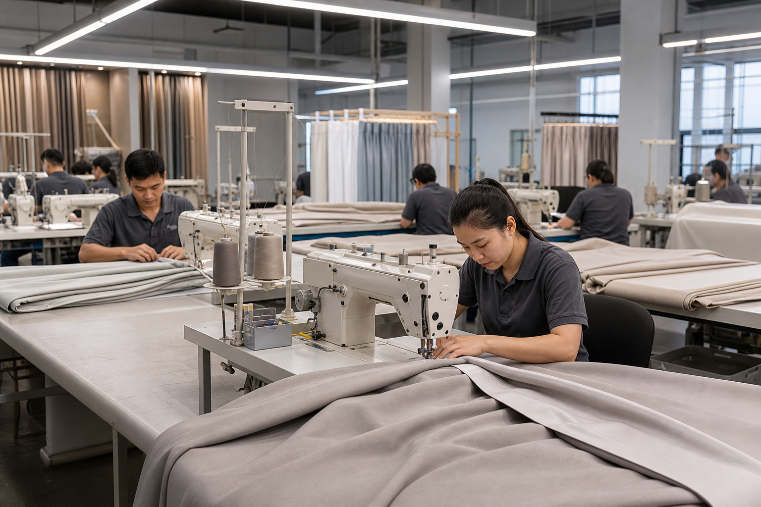 Industrial sewing workshop with technicians assembling hotel-grade curtains