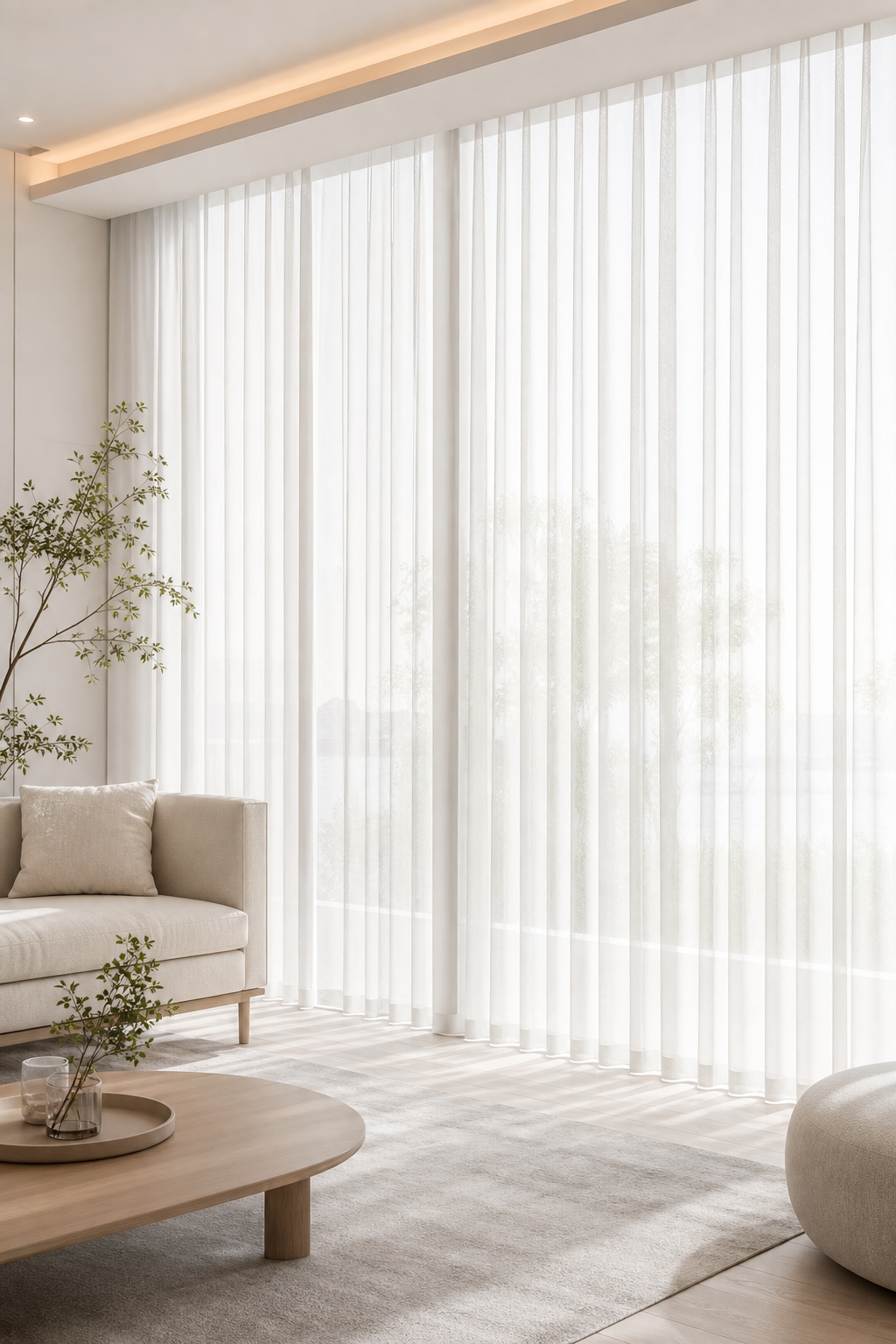 Sheer curtains in soft white, filtering daylight in a bright interior