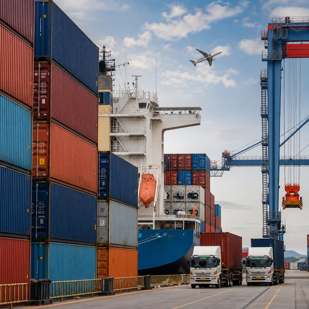 Stacked shipping containers at a port representing export logistics