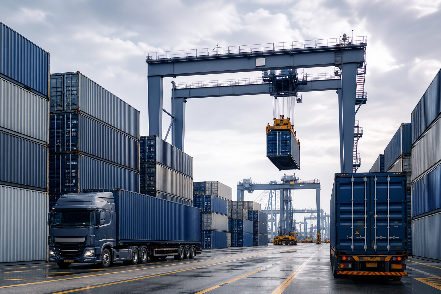 A large shipping container yard with stacked containers, gantry cranes, and organized logistics lanes