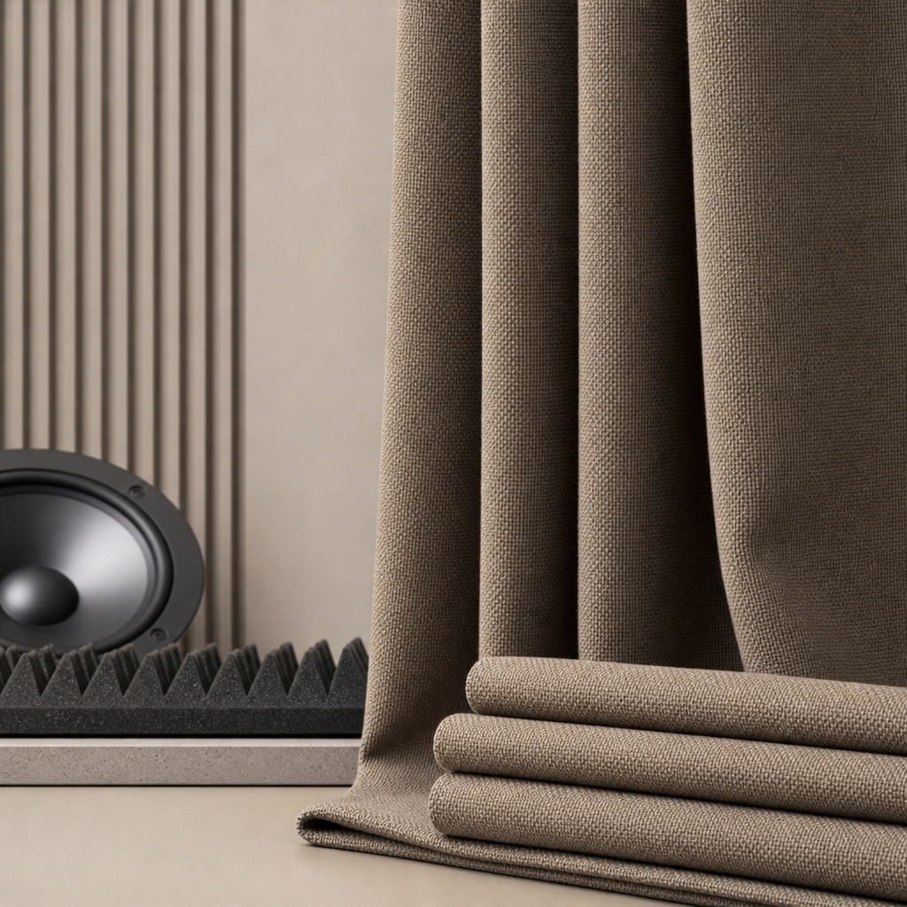 Sound-absorbing curtain fabric with heavy acoustic weave