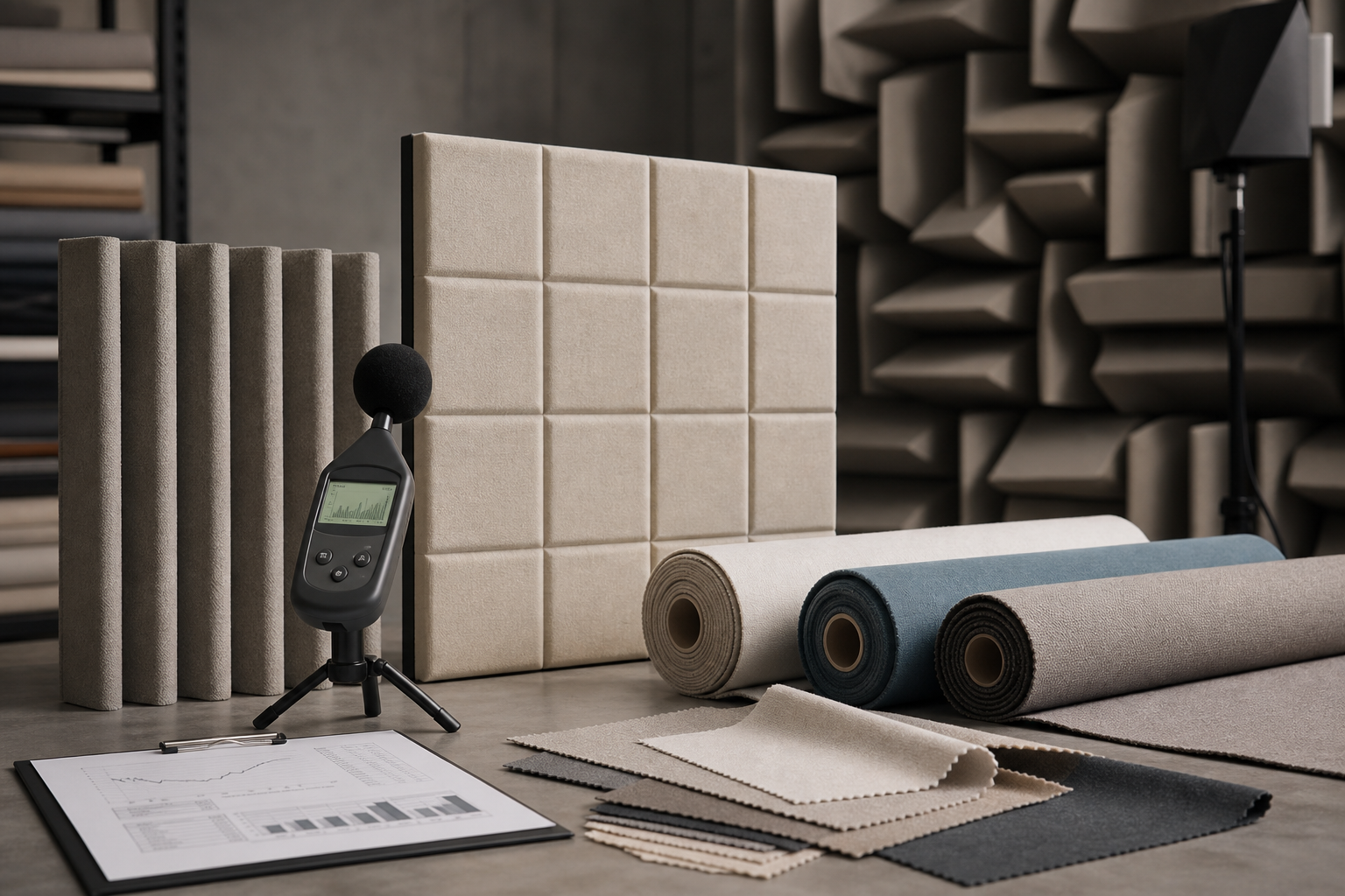 Sound absorption test setup with acoustic panel samples, decibel meter, and fabric rolls in a studio-like environment