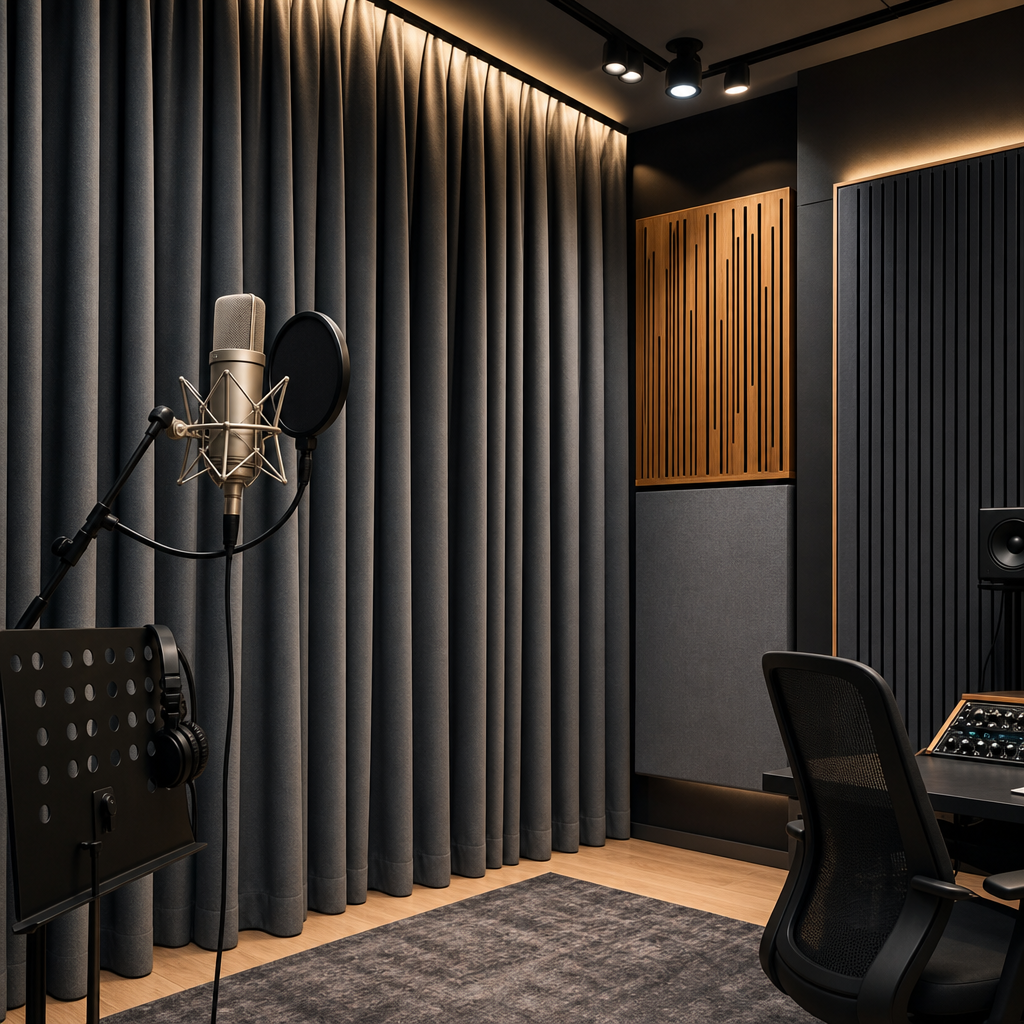 Boutique recording studio with thick acoustic curtains drawn along the walls to dampen sound