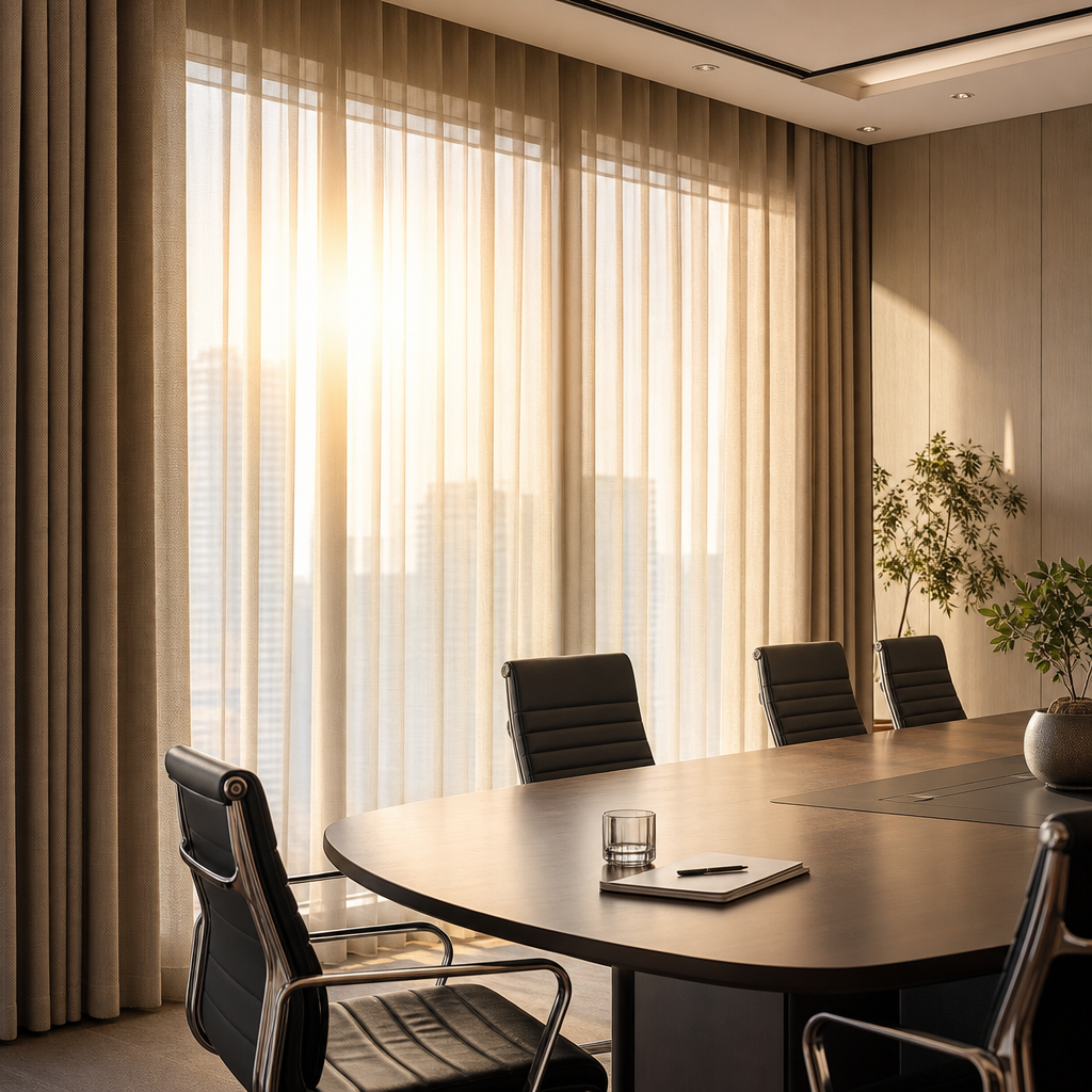 Corporate office window with sun-filtering curtains diffusing strong afternoon sunlight over a conference table