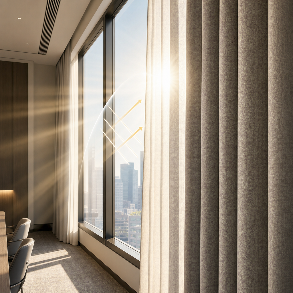 Sunlit window with technical curtain fabric filtering harsh daylight, showing refined UV protection performance