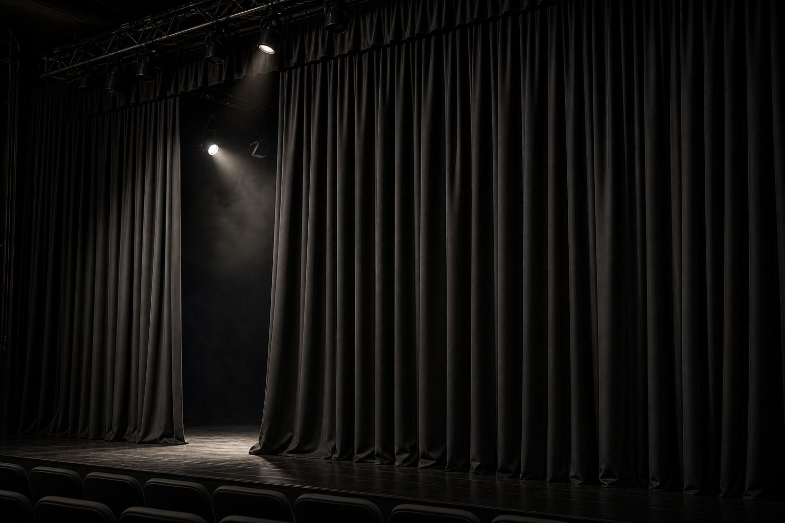 Dimly lit theater stage with heavy matte-black blackout fabric curtains and spotlight glow