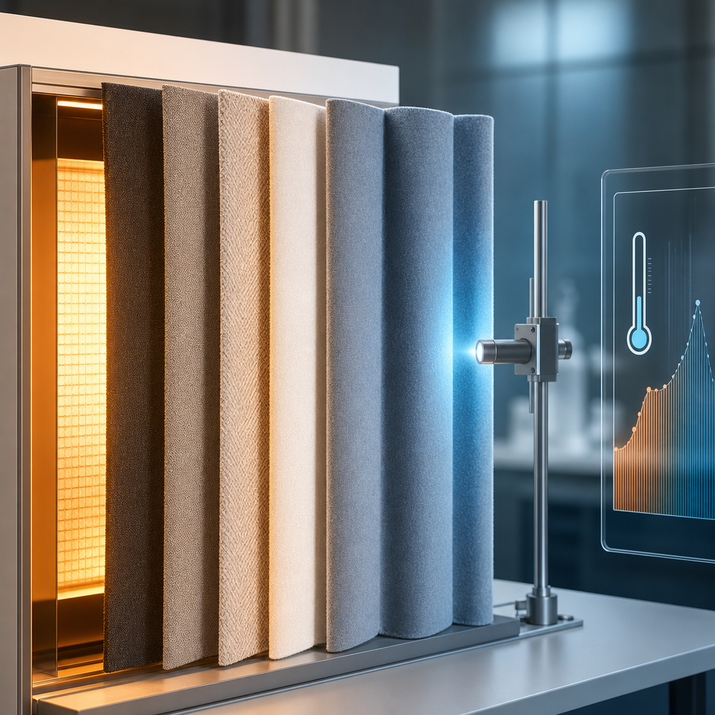 Thermal insulation testing setup with layered curtain fabric and soft warm-to-cool lighting contrast