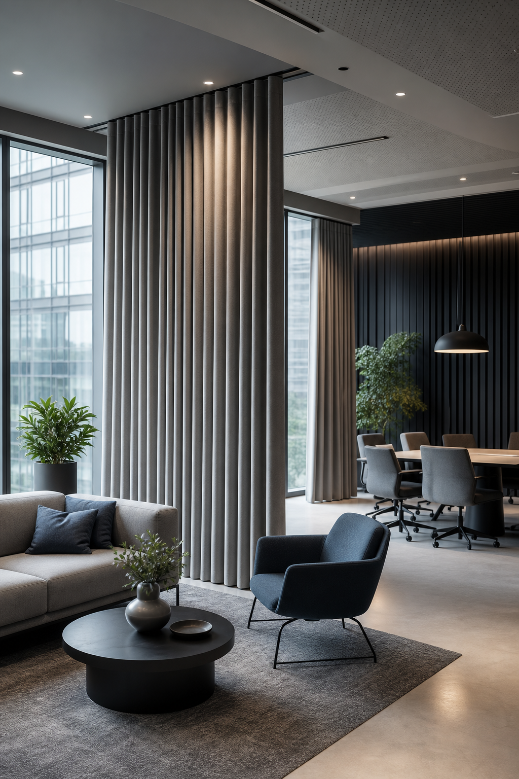 Modern commercial office lounge with acoustic curtains and soft daylight