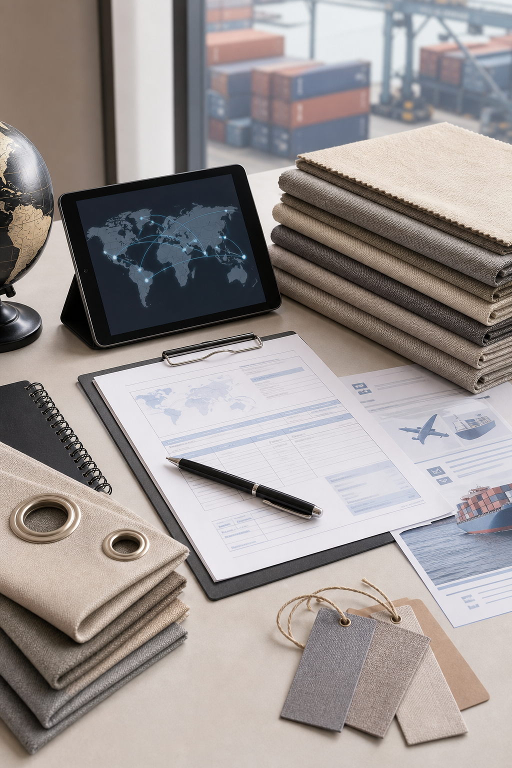 Logistics desk with export documents and folded curtain fabric samples