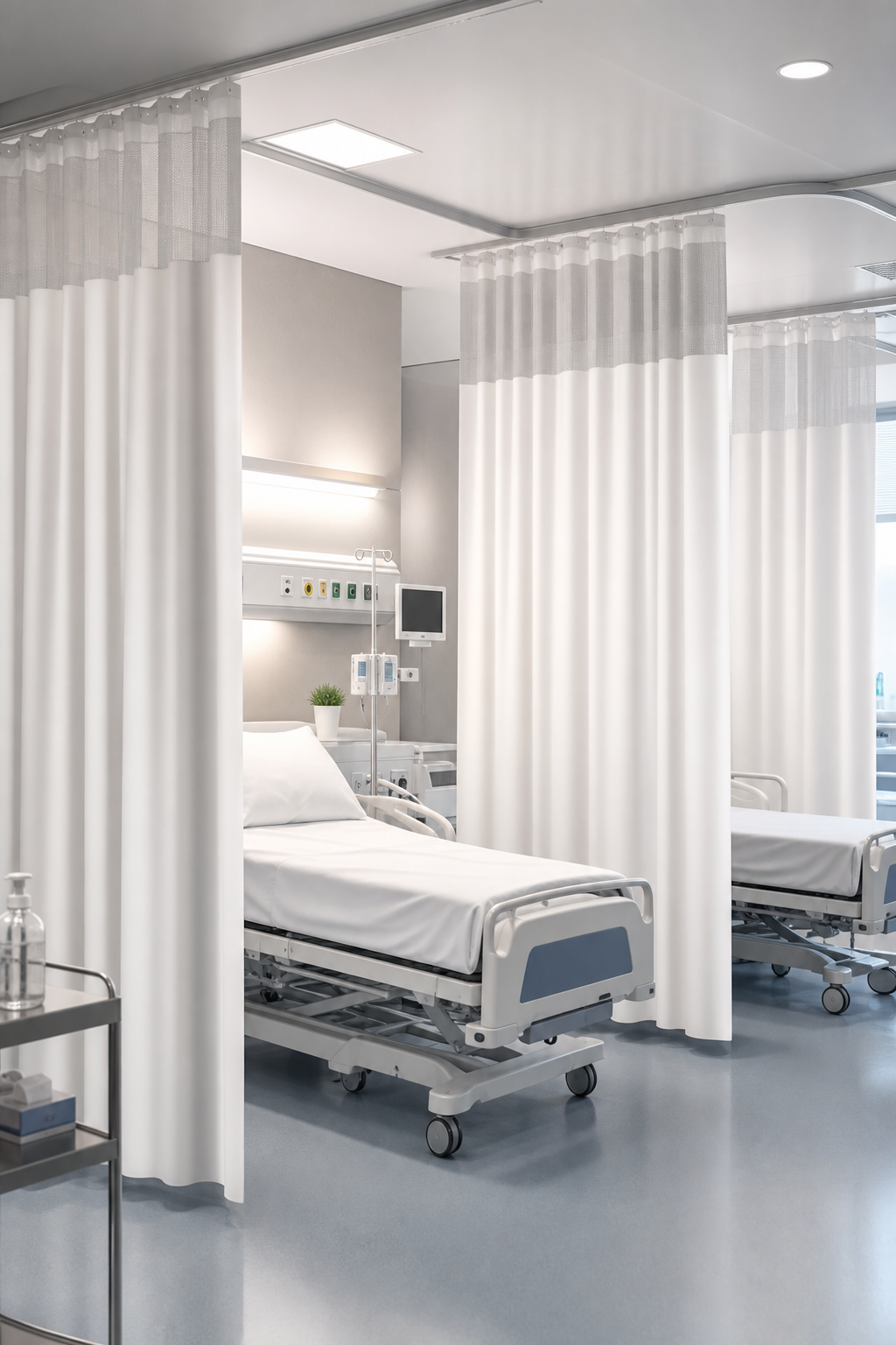 Healthcare recovery room with clean white curtains and calm ambient lighting