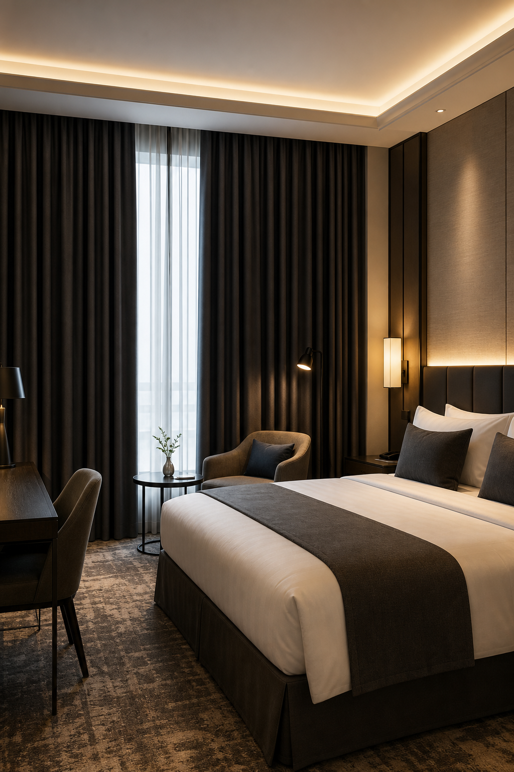Luxury hotel guest room with floor-to-ceiling blackout curtains and warm lighting