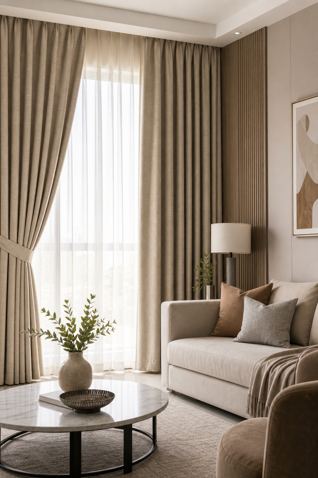 Bright residential living room with layered drapes in soft neutral tones