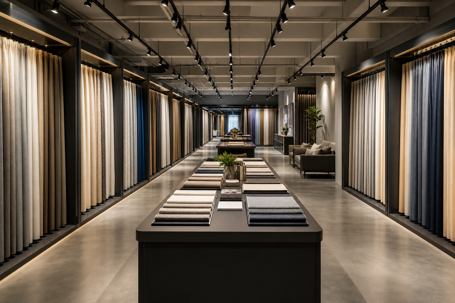 Panoramic textile showroom with long rows of curtain fabric displays, soft industrial lighting, and refined neutral finishes