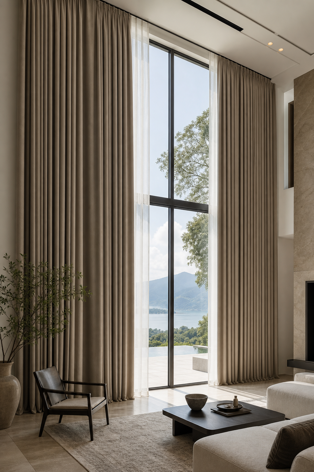 Villa large-window curtains in soft taupe framing a panoramic view