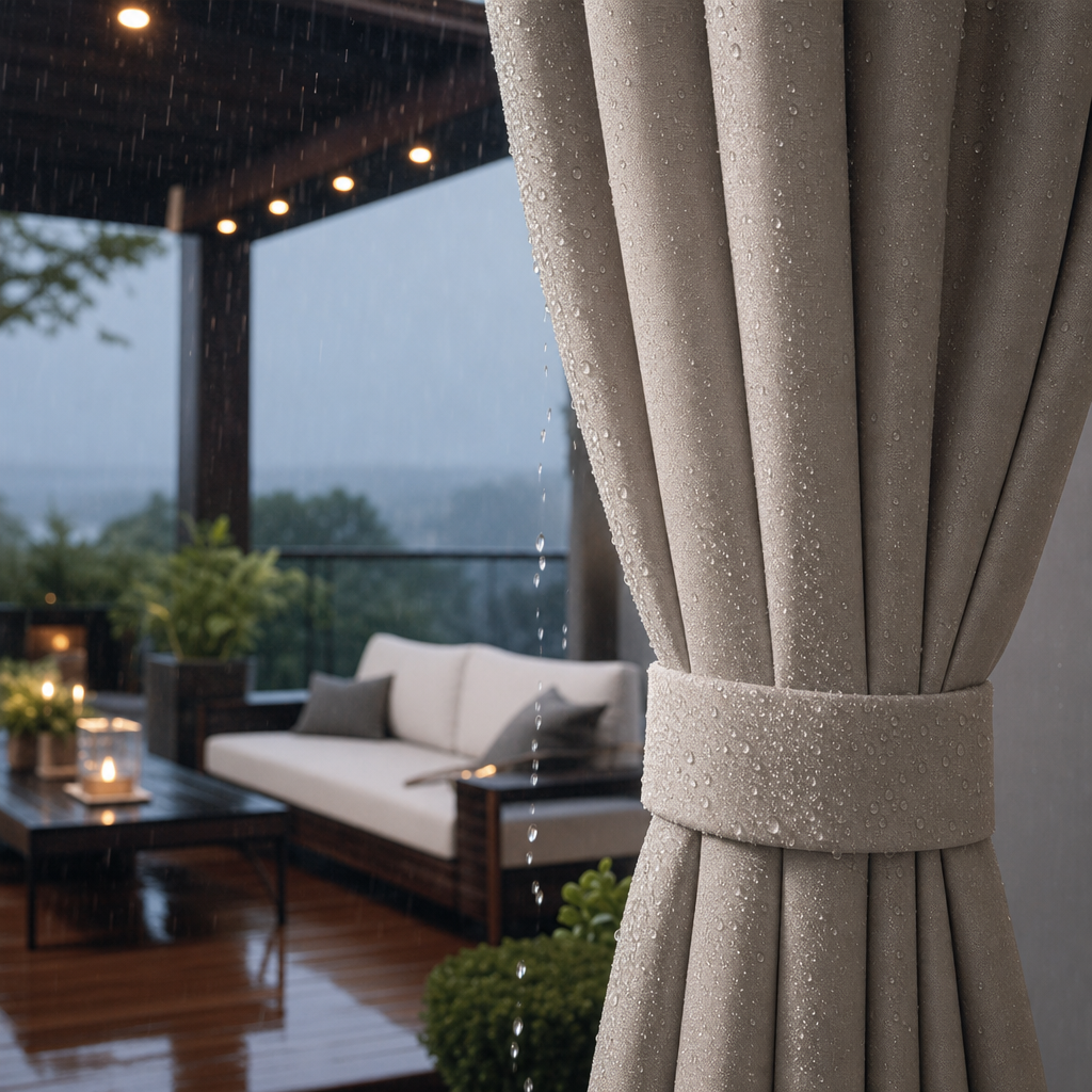 Outdoor terrace curtain under light rain with water droplets beading and rolling off the fabric