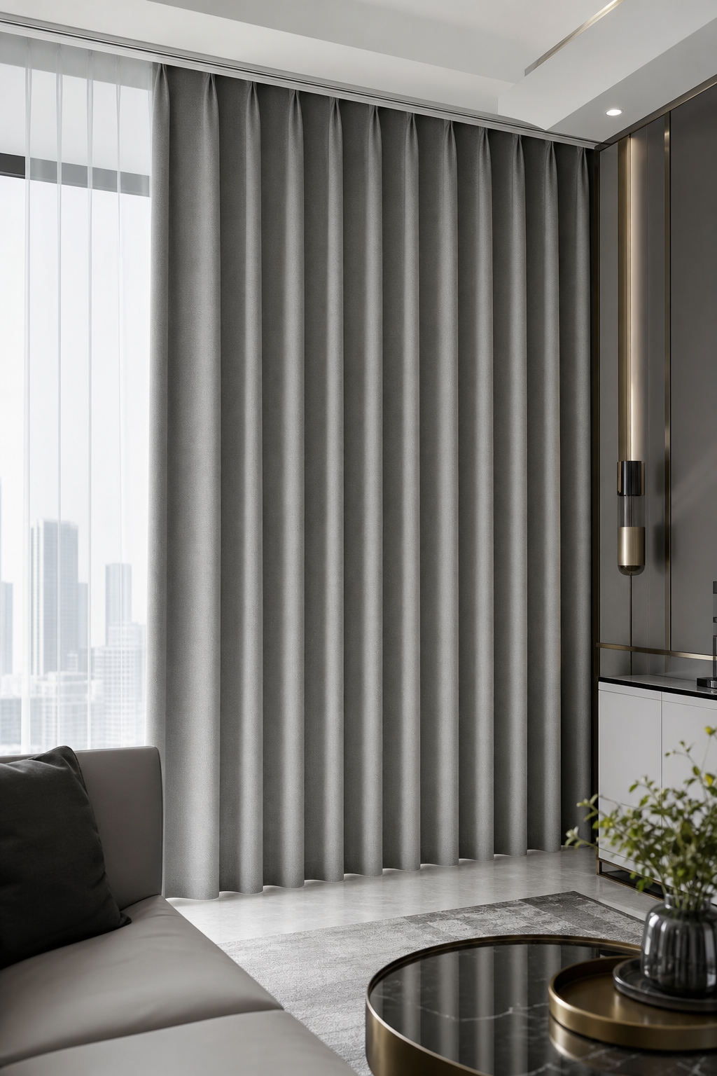Wave pleat curtains in cool gray with smooth, uniform folds