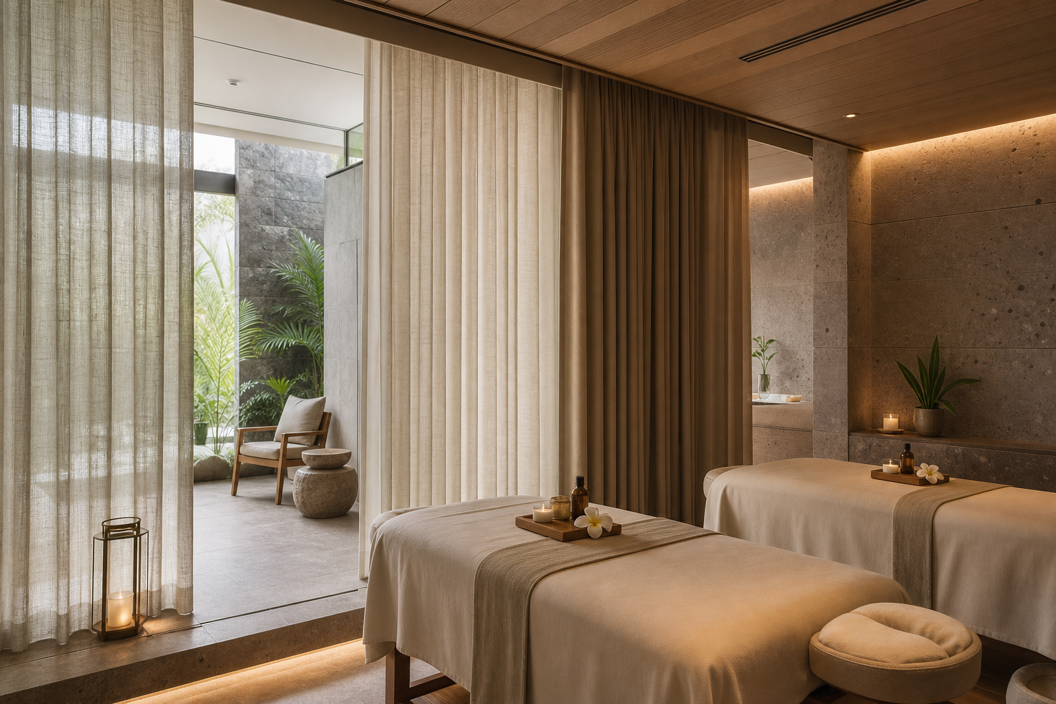 Premium wellness spa retreat with soft layered curtains in natural linen tones, calm lighting, and serene textures
