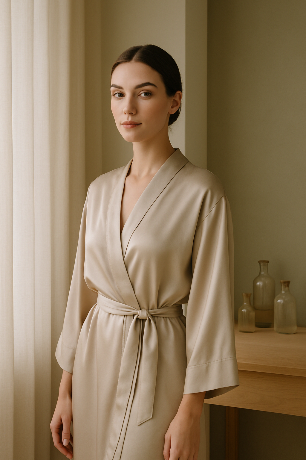 Elegant woman in a minimalist wellness studio with soft textures