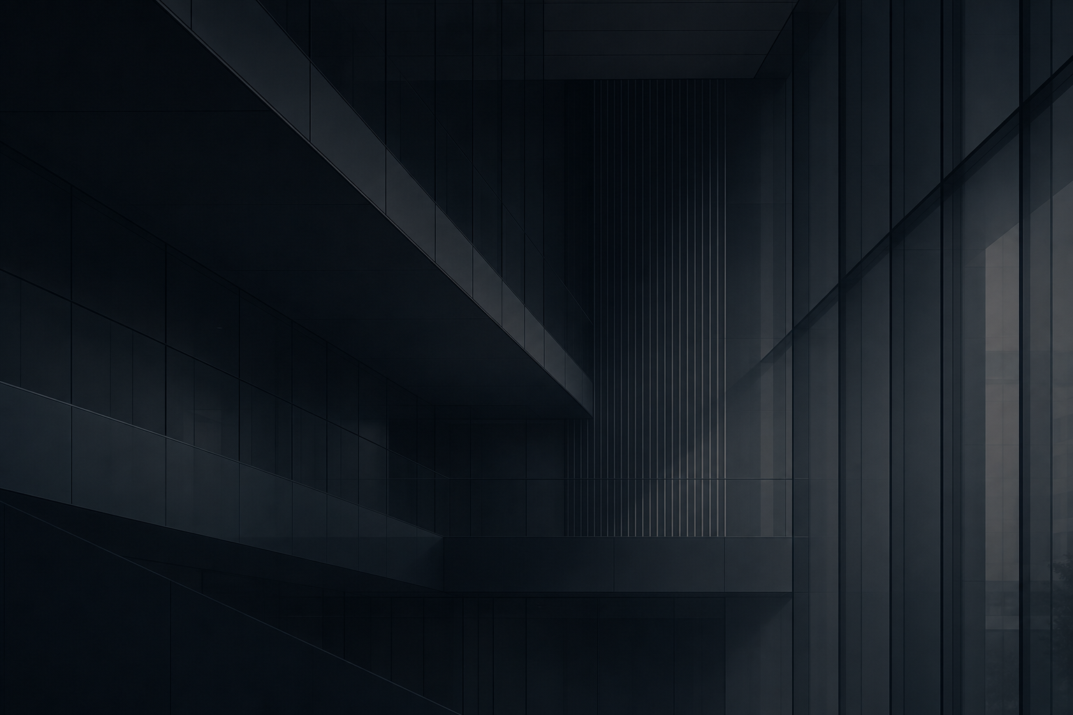 Very subtle dark architectural backdrop with abstract corporate geometry, faint structural rhythm lines, and soft premium depth