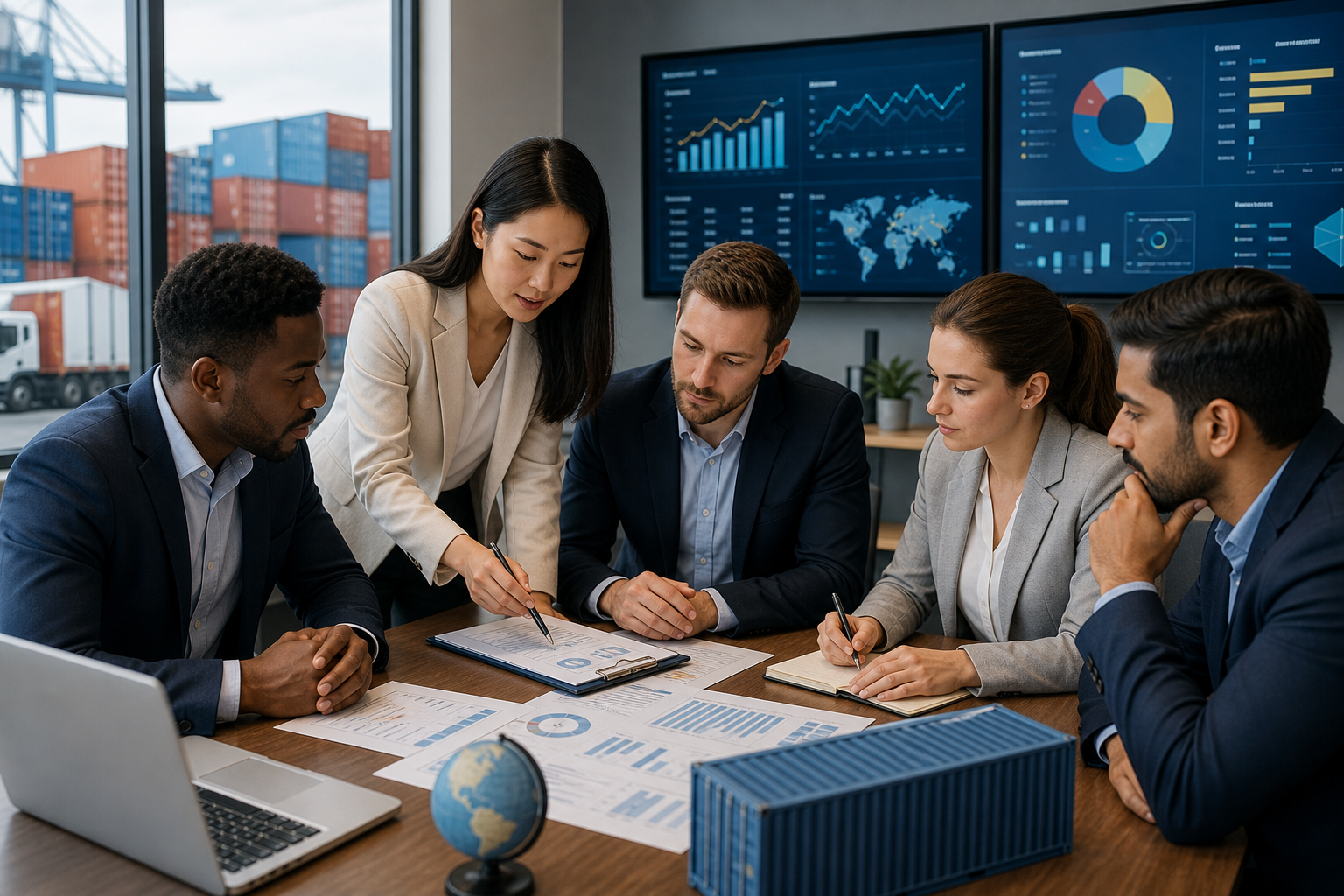 Professional team reviewing import documents with shipping containers and marketing analytics dashboards in a modern office