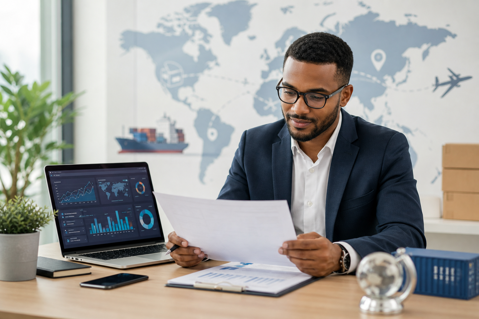 Professional consultant reviewing global shipping documents alongside a laptop with marketing analytics dashboards