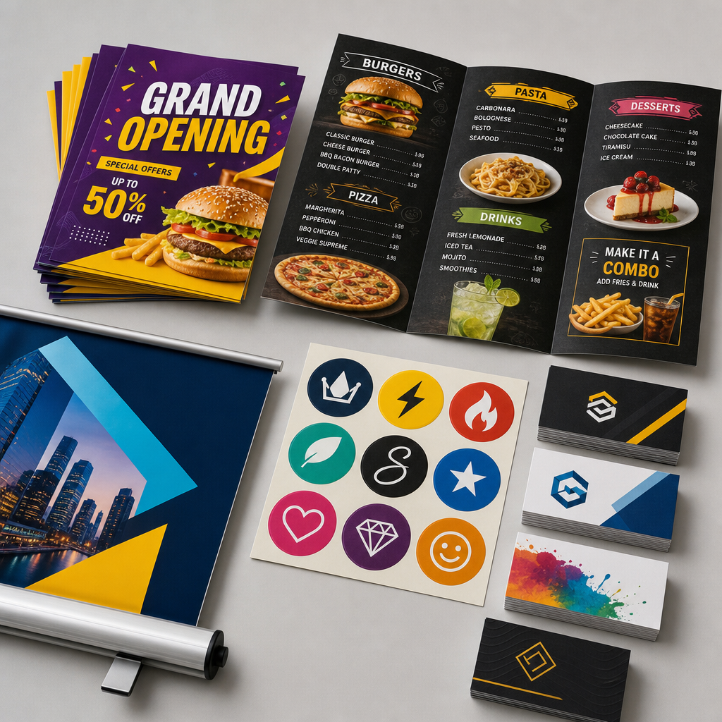 Flat lay of bold printed advertising materials including colorful flyers, a folded menu, a roll-up banner panel, sticker sheet, and business cards on a studio table