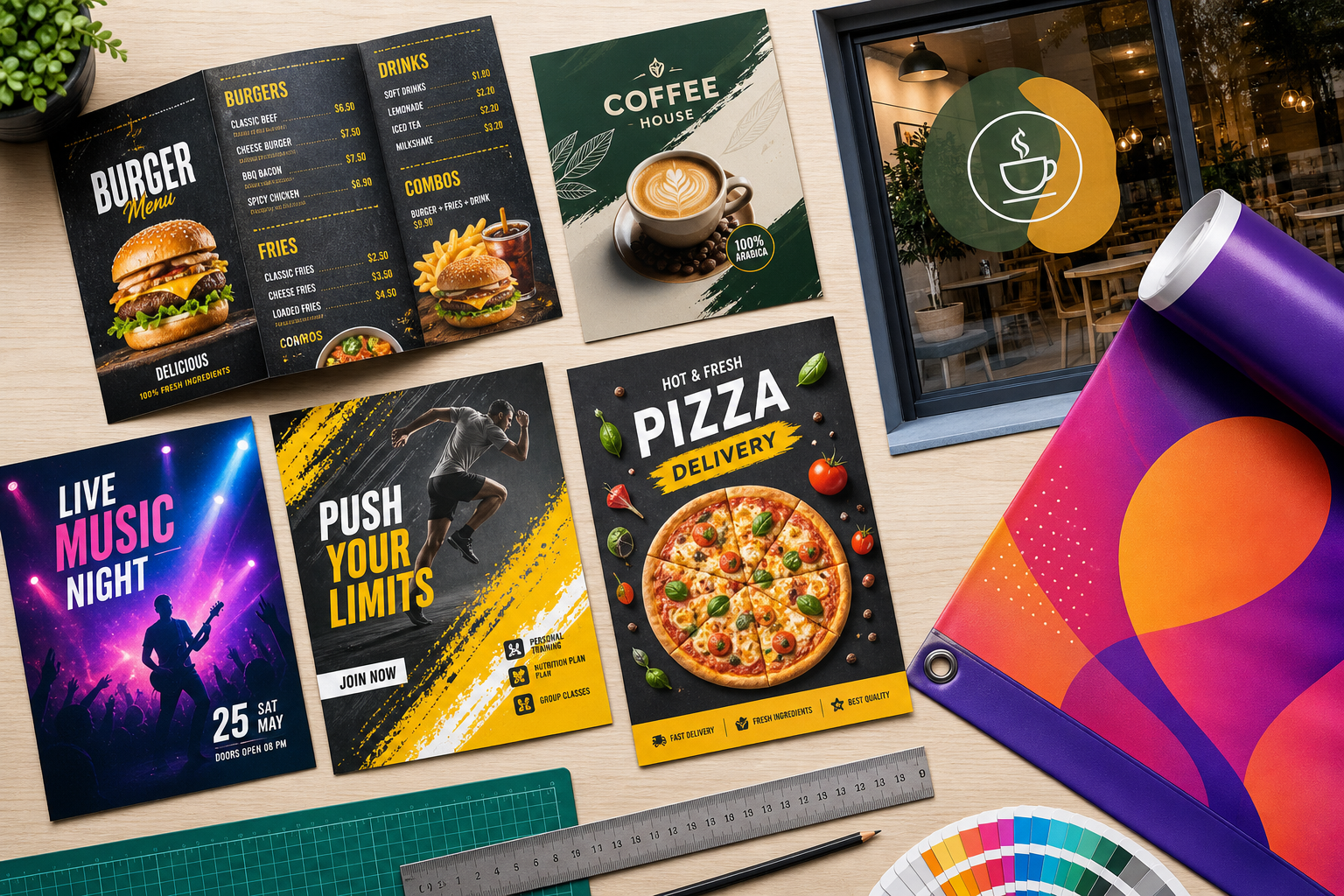 Collage of printed advertising materials including menus, flyers, window signage, and a vinyl banner arranged on a modern studio desk