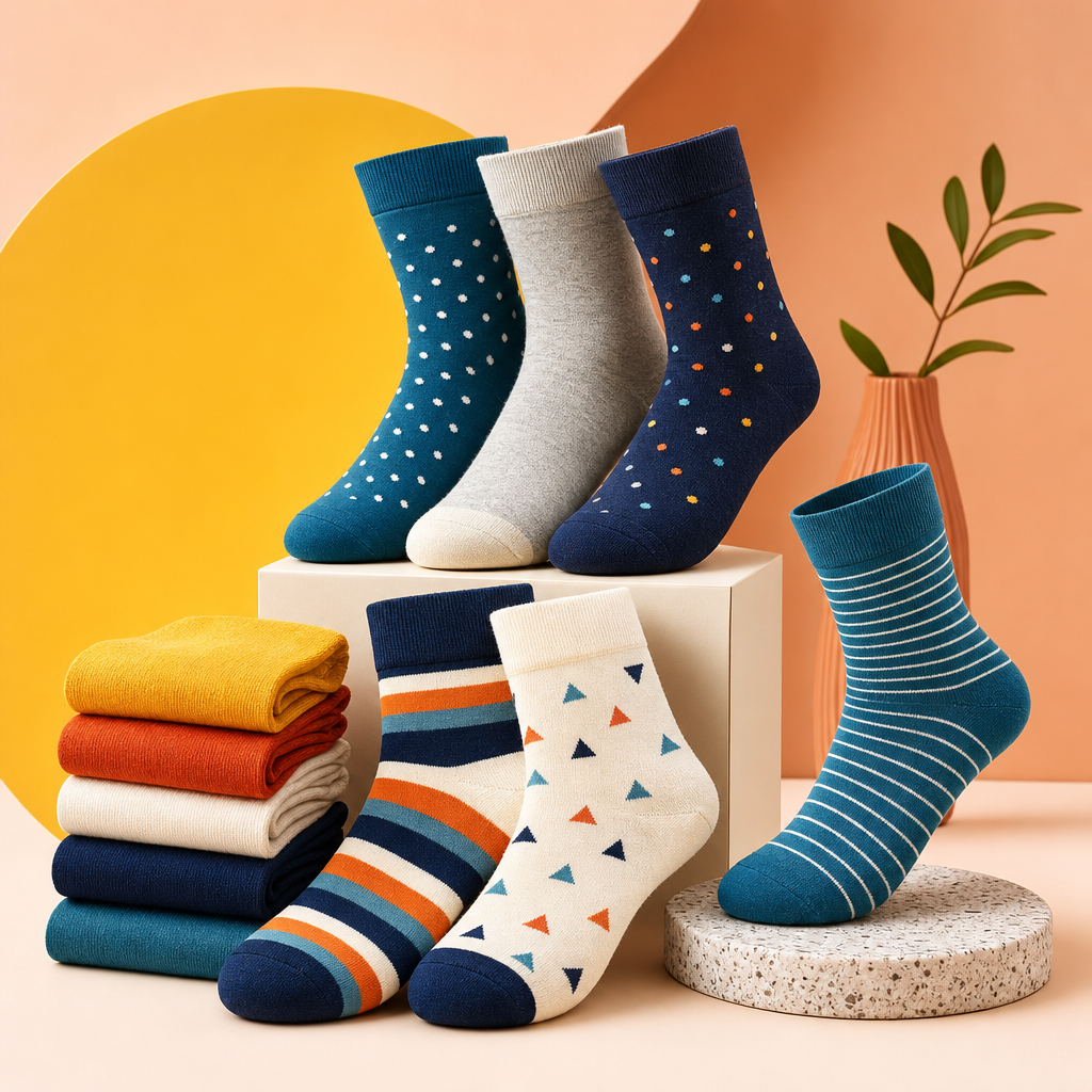 Elegant stack of premium neutral-toned socks on soft fabric with dramatic studio lighting