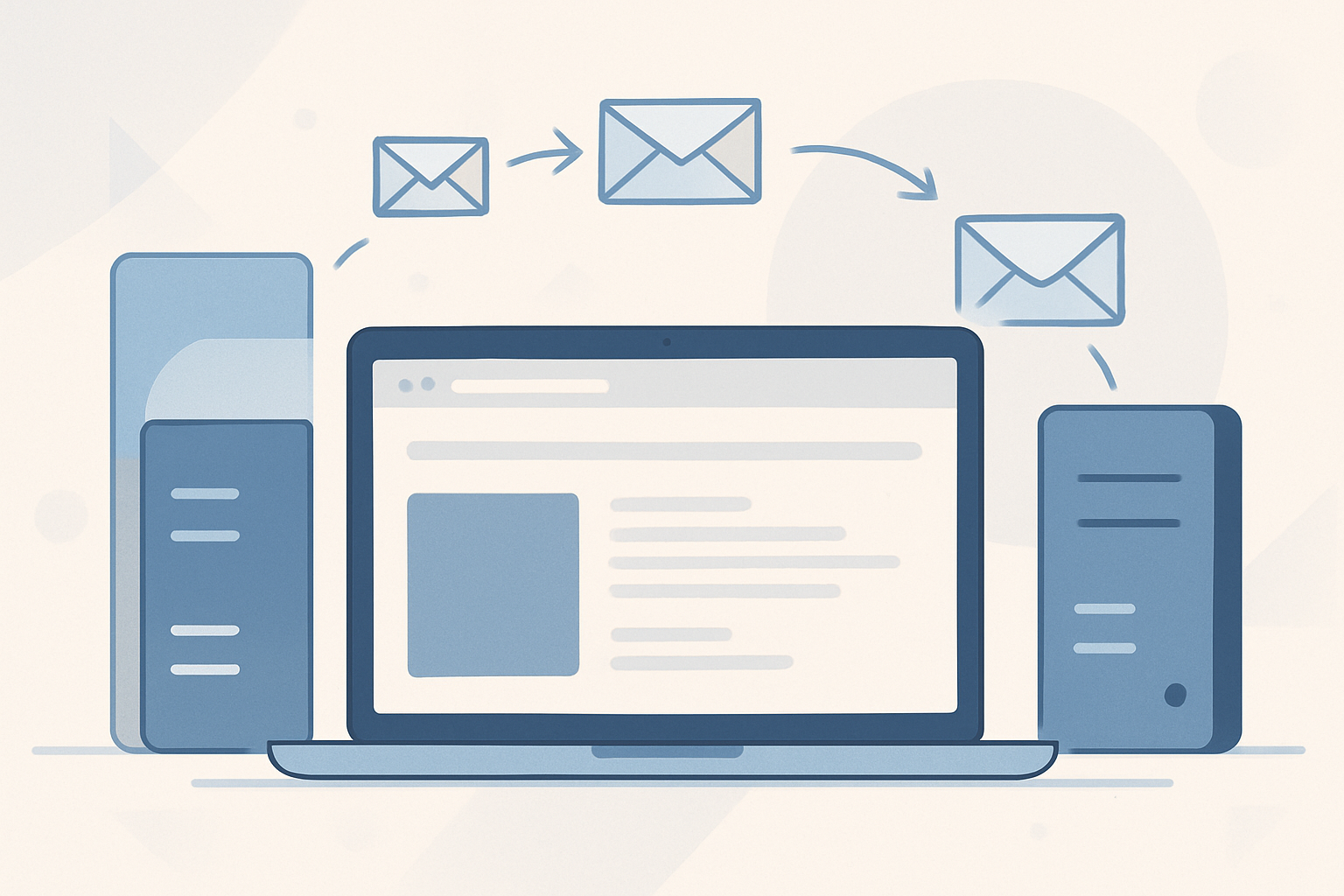 Illustration of a modern website dashboard and email migration flow
