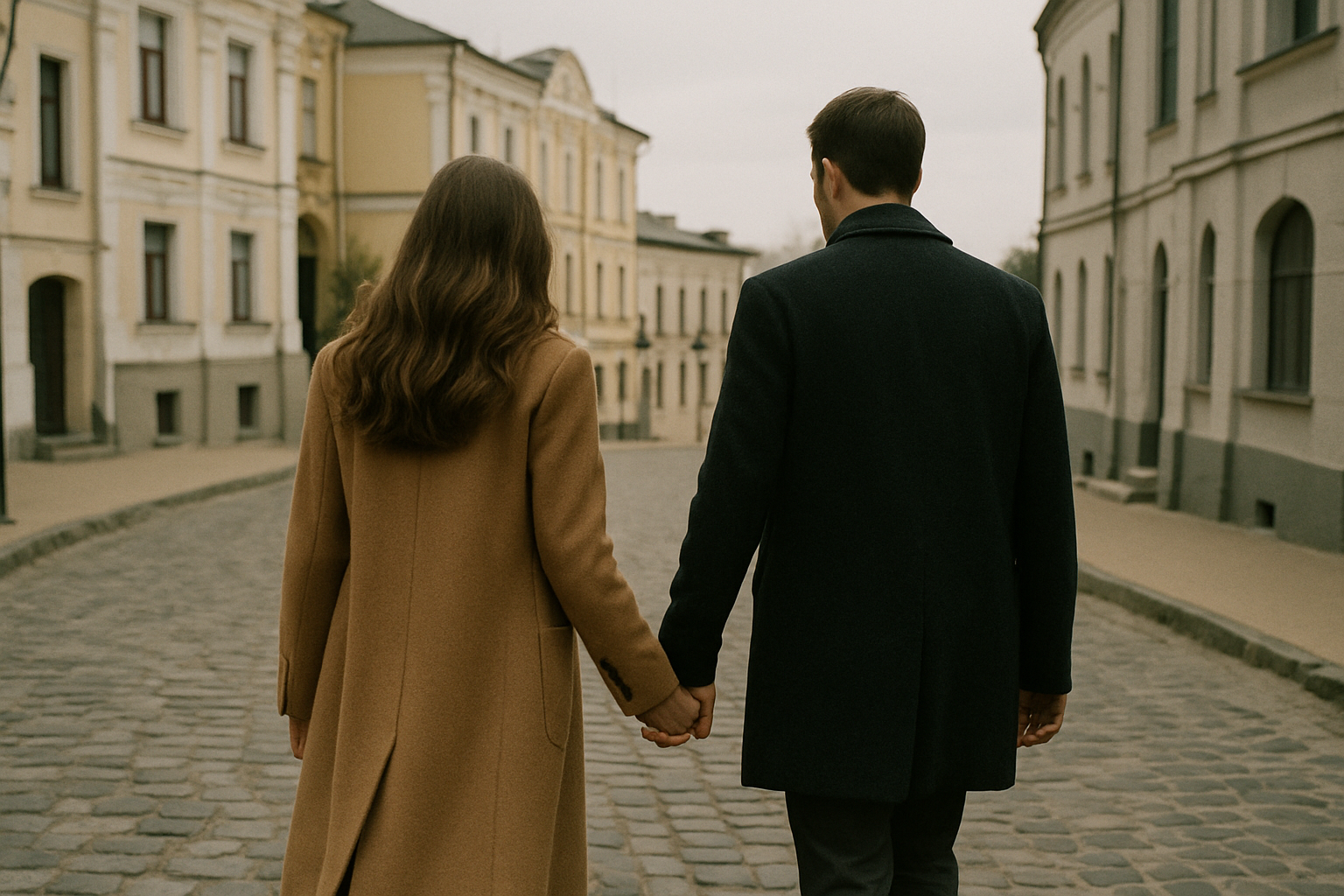 Couple walking hand in hand down a cobblestone street in Kyiv