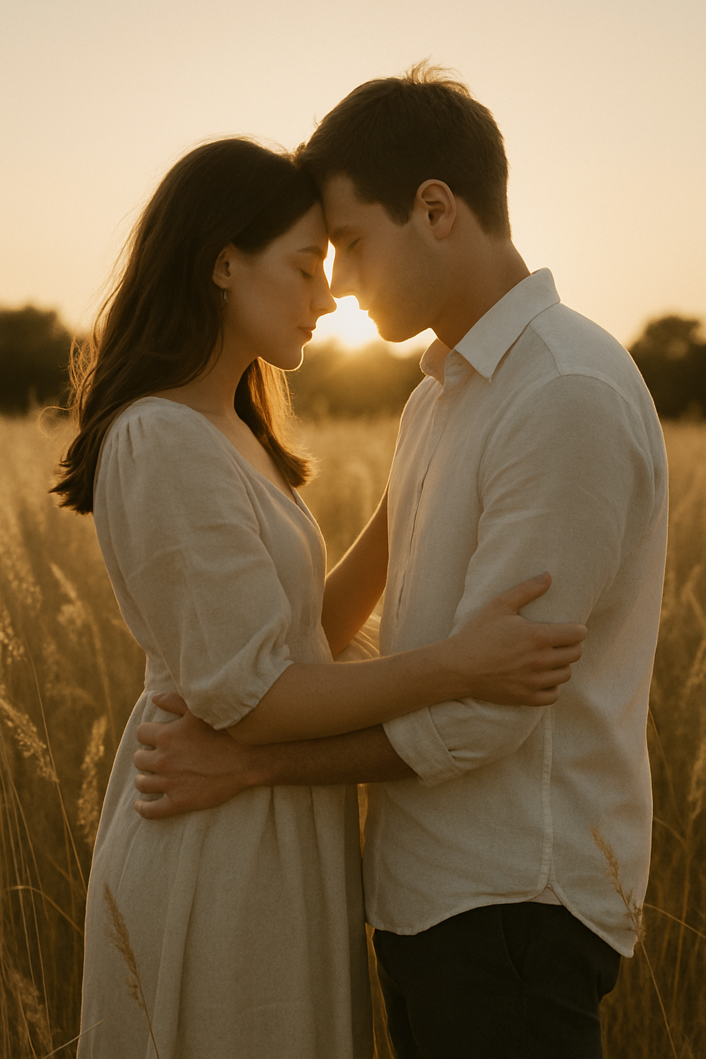 Couple embracing in a tall golden meadow at sunset, backlit by warm low sun