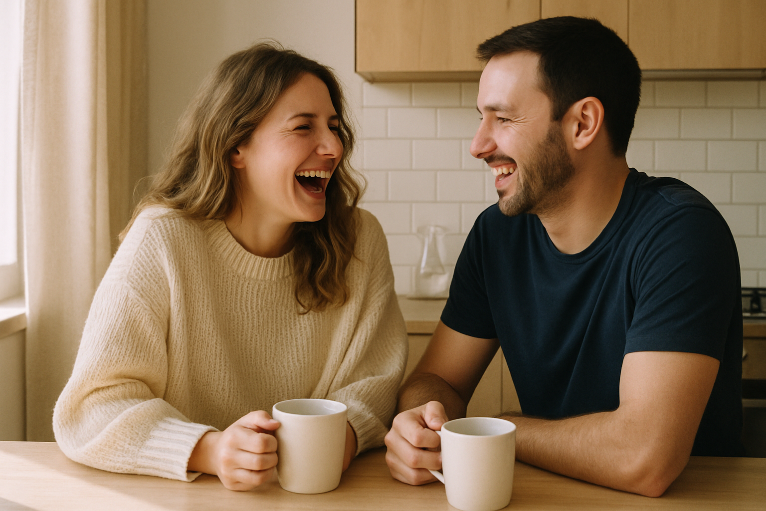 Couple laughing together over coffee in a sunlit kitchen