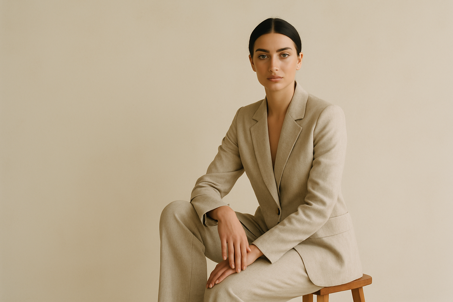 Editorial portrait of a woman in an oatmeal linen suit seated on a wooden stool in a bright studio