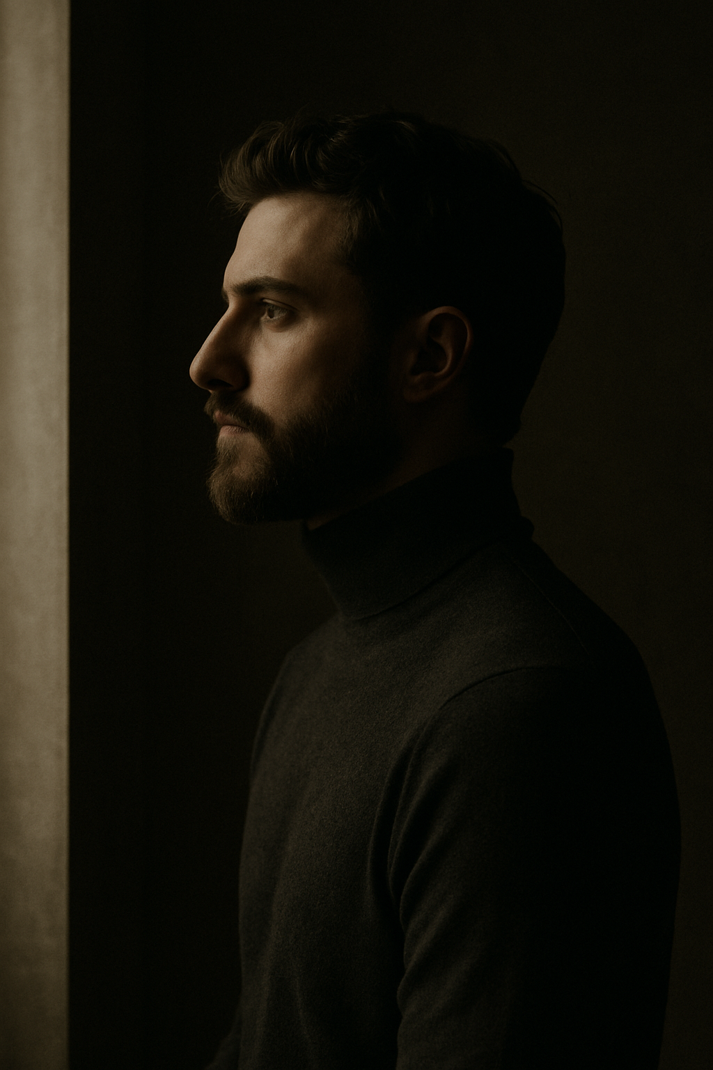 Dramatic side profile of a man in a charcoal turtleneck lit by a single window in shadow