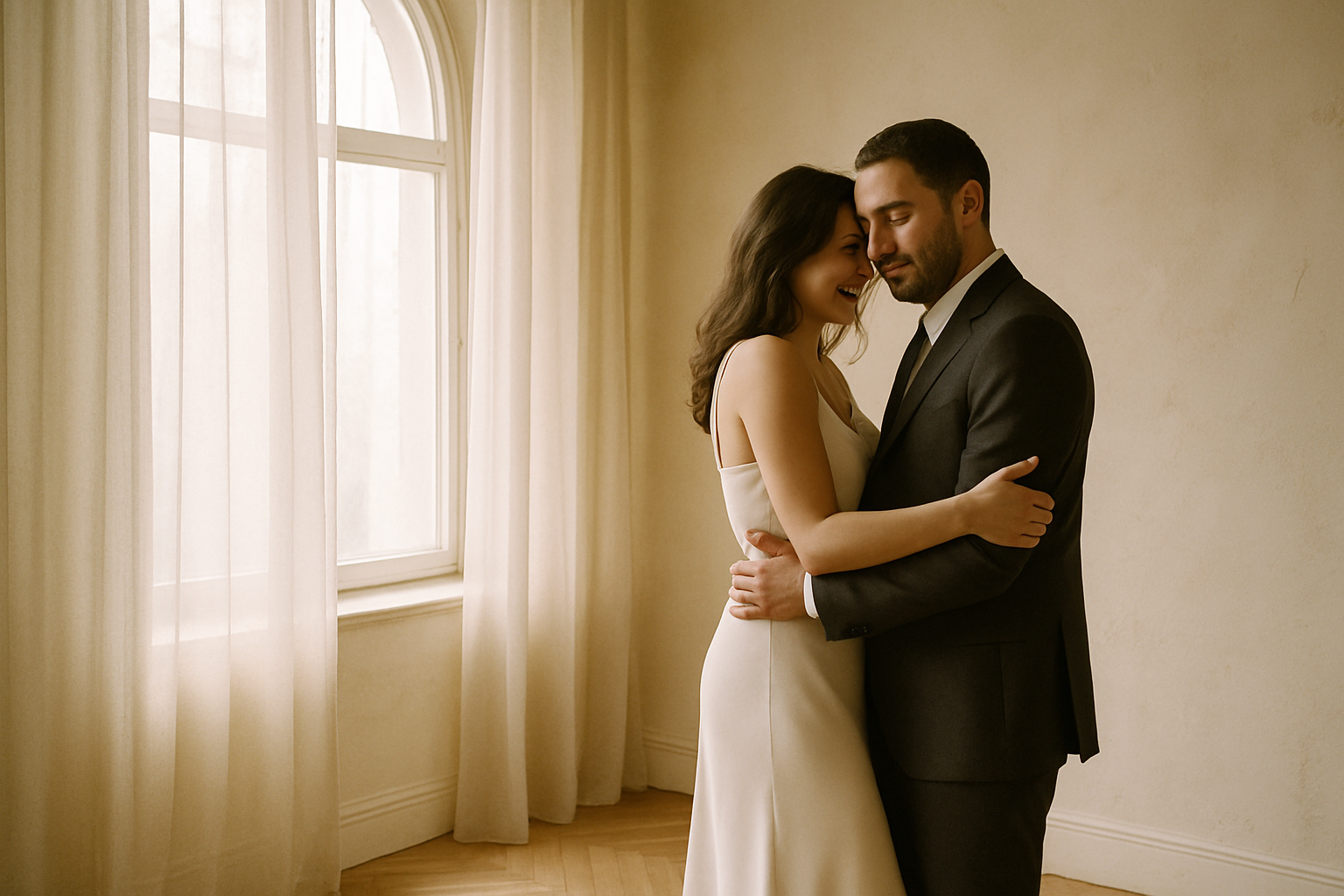 Candid wedding couple embracing beside a tall sunlit window, the bride laughing softly with her forehead against the groom's cheek, warm natural light and film-like tones