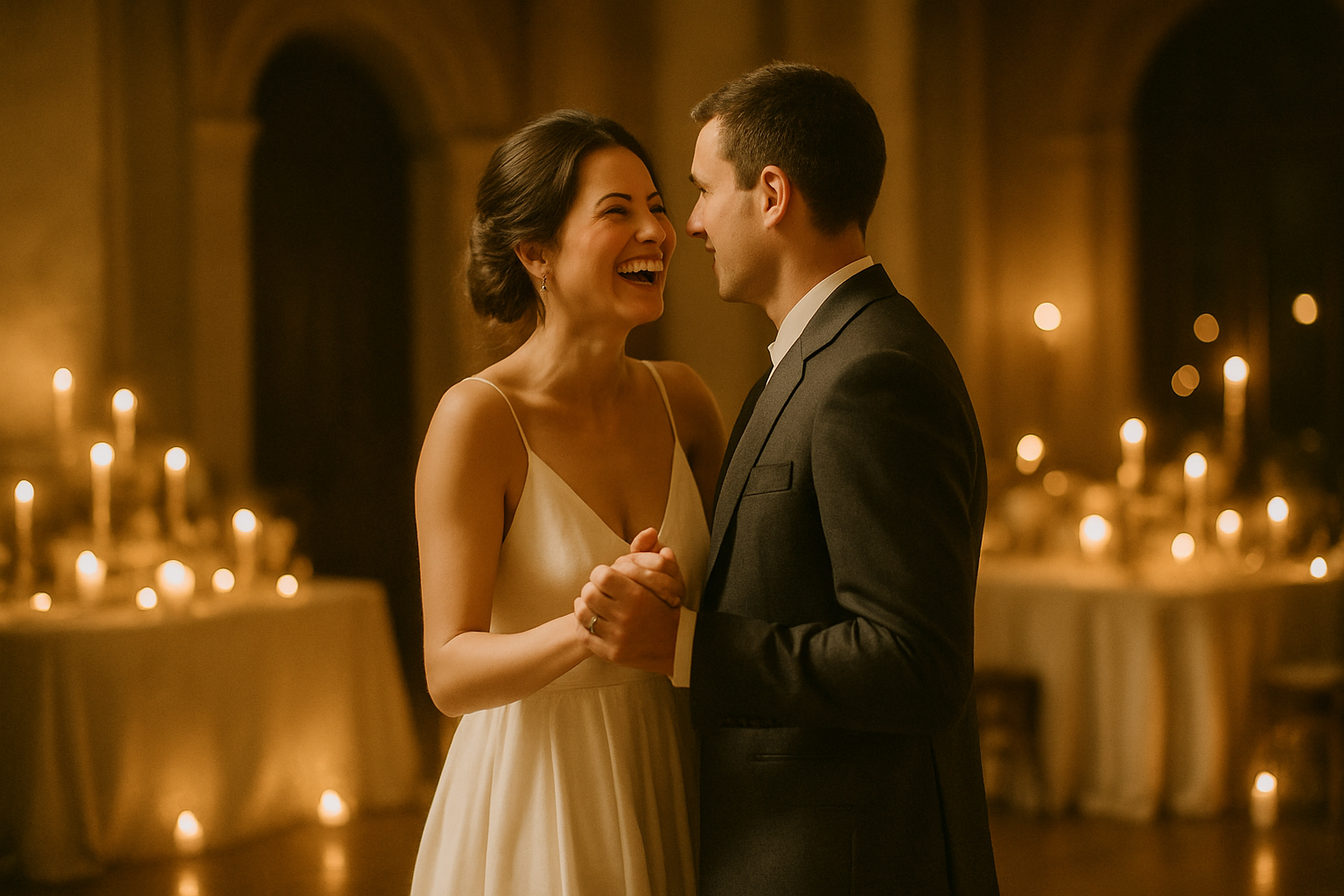 Newlyweds sharing their first dance in a candlelit hall with warm glowing light