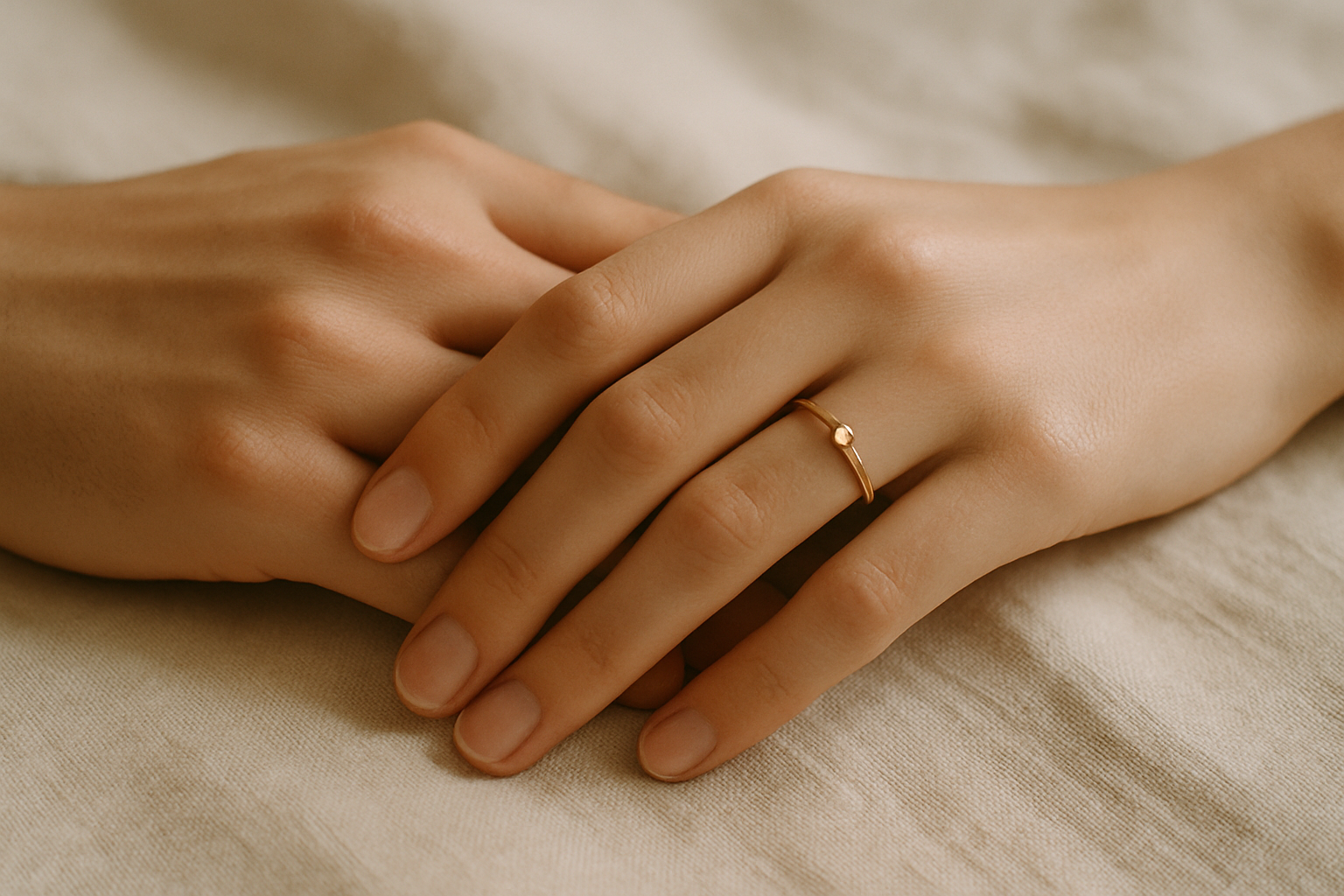 Close-up of two hands with gold wedding rings resting on creamy linen