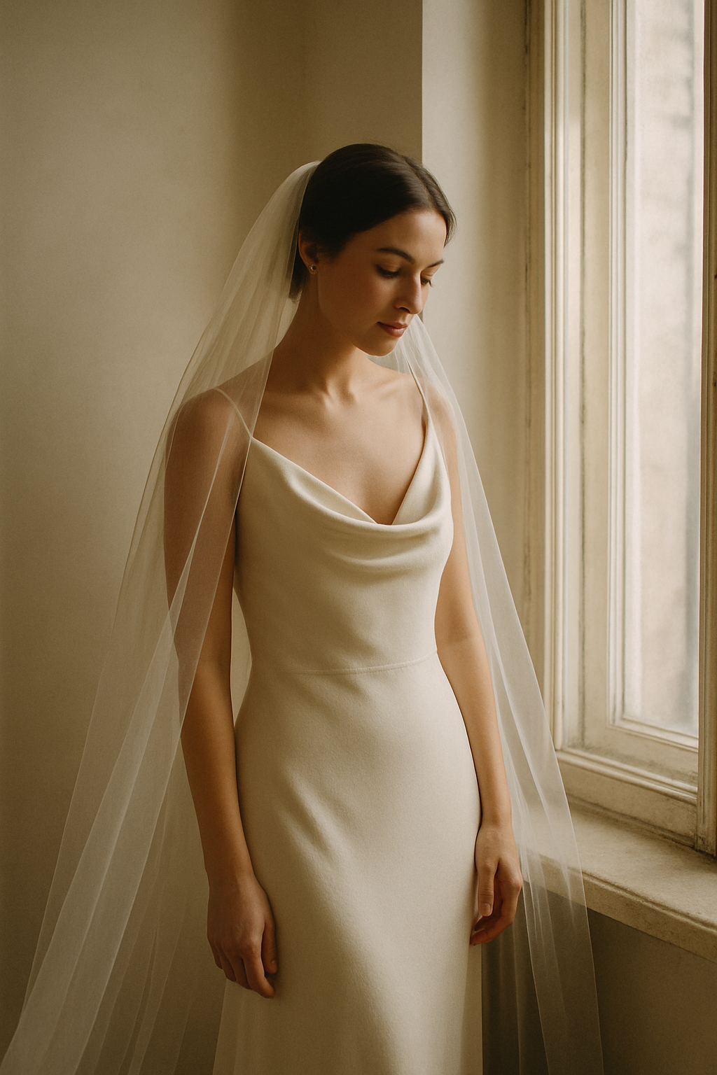 Bride in an ivory silk gown standing by a tall window, her veil catching soft morning light