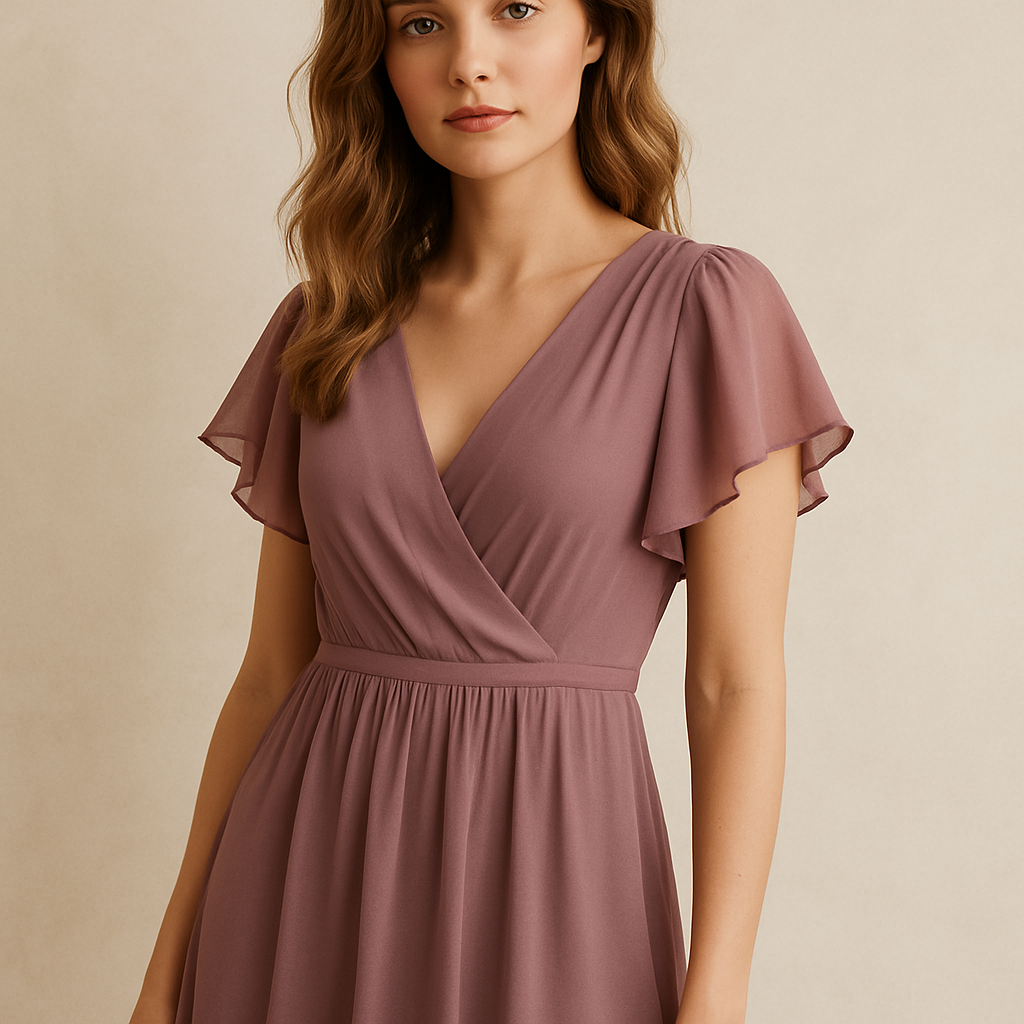 Mauve Chiffon Dress - mauve flutter sleeve