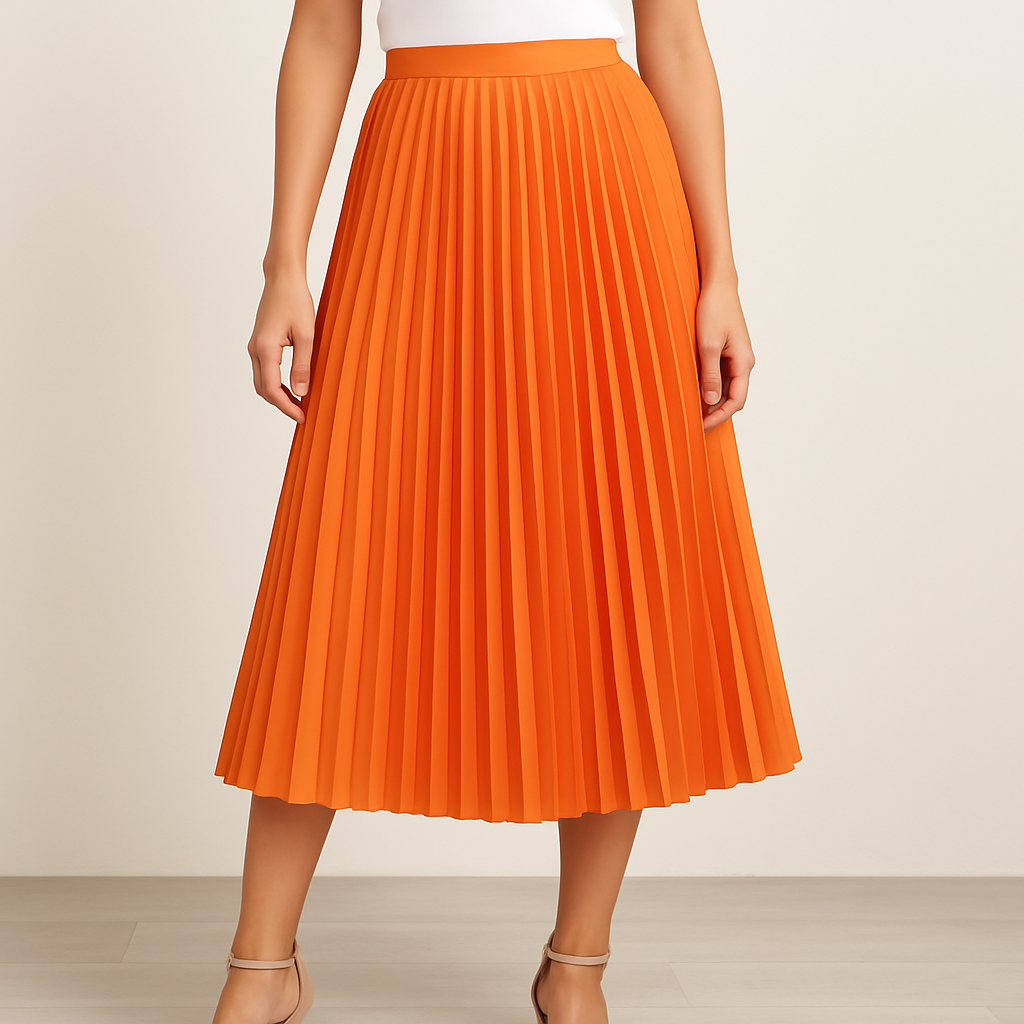 Tangerine Pleated Midi - orange pleated skirt
