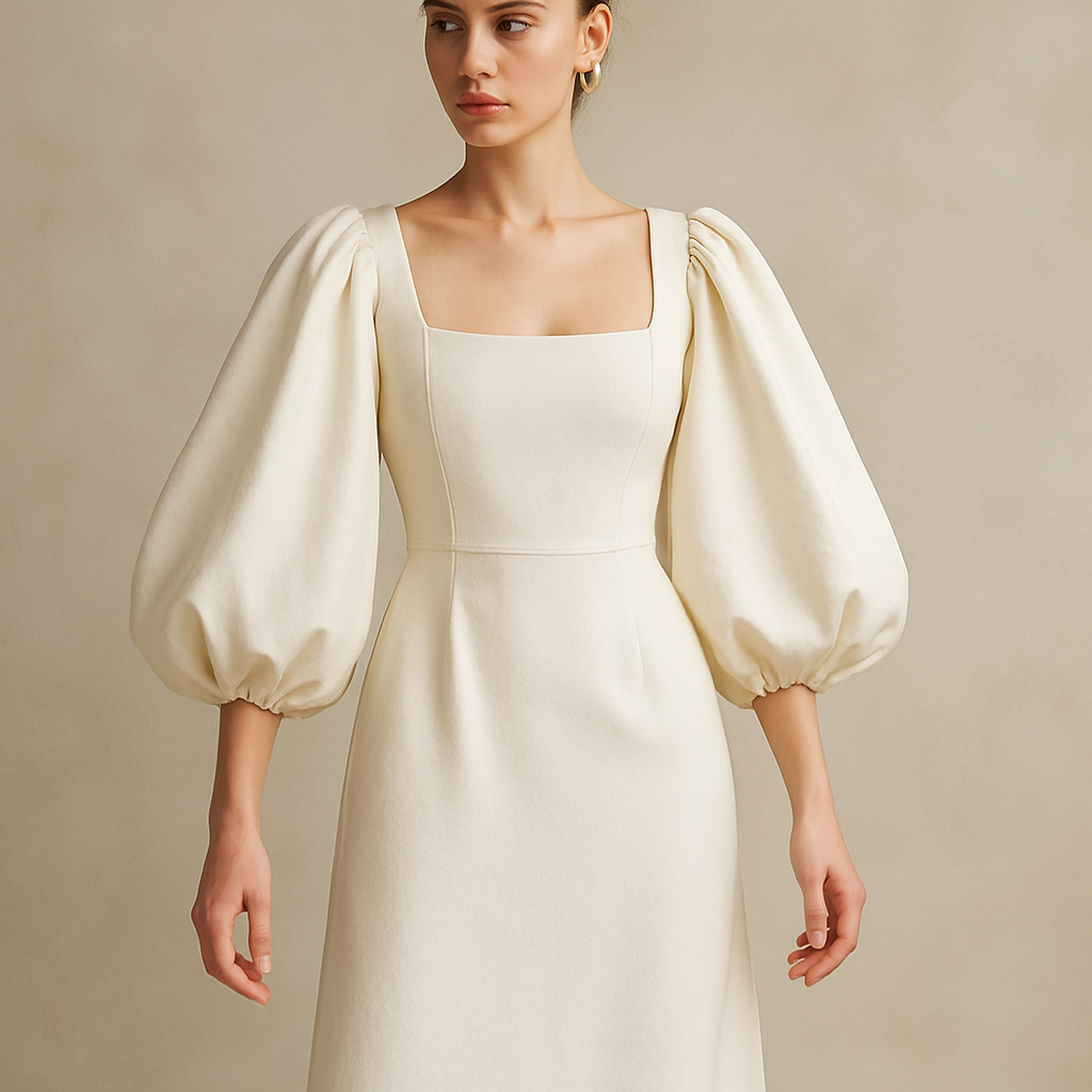 Ivory Balloon Sleeve Dress - ivory dramatic sleeves