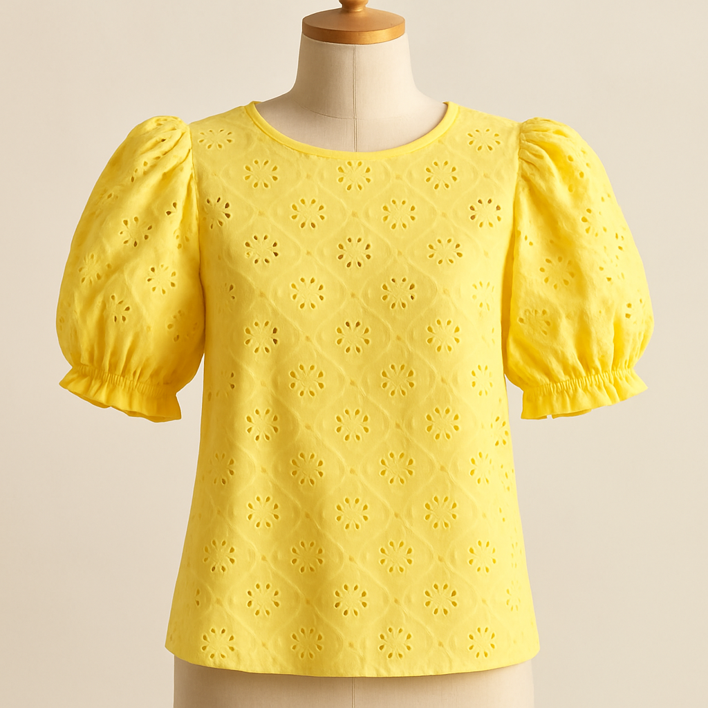 Lemon Eyelet Blouse - yellow eyelet puff sleeve