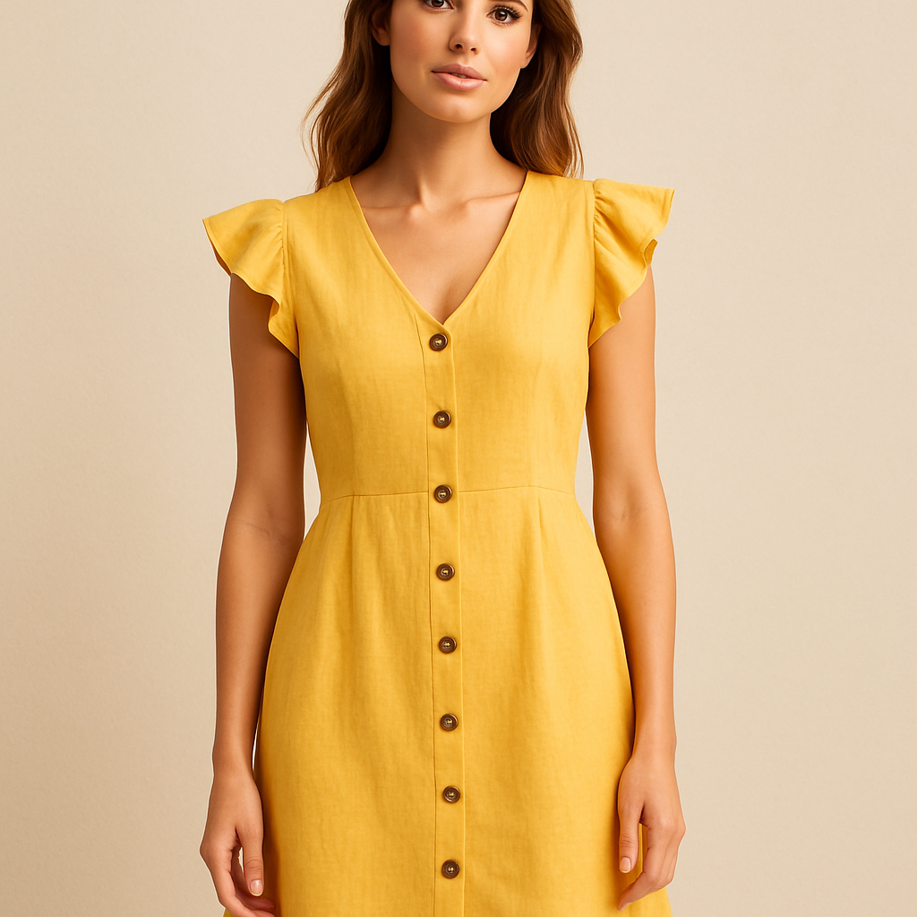 Citrine Button Dress - yellow flutter sleeves