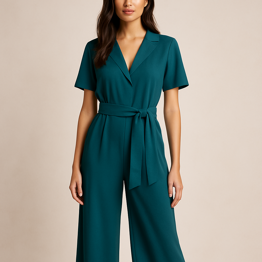 Teal Belted Jumpsuit - teal wide leg