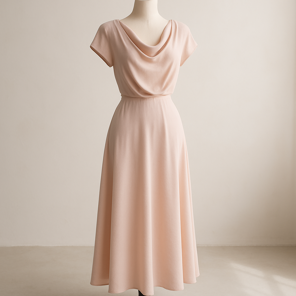 Blush pink midi dress with elegant drape, minimalist studio style