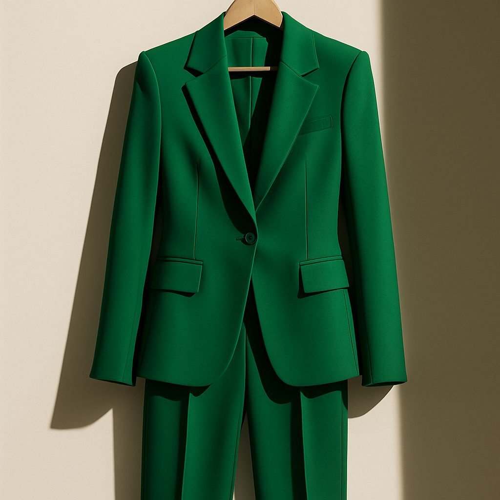 Emerald green tailored women’s suit set, sleek and modern, fashion editorial lighting