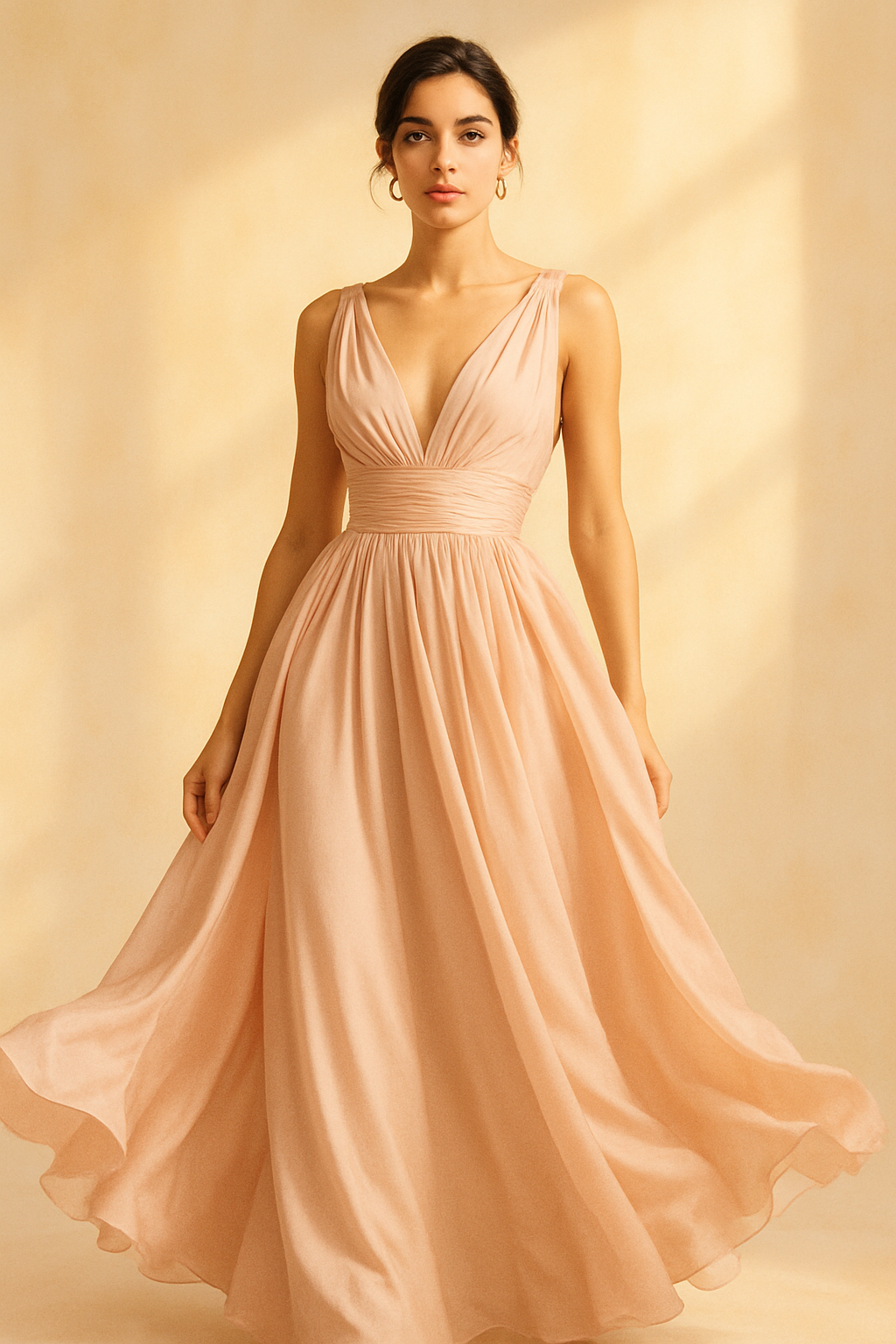 Elegant woman model in a flowing pink dress, premium fashion