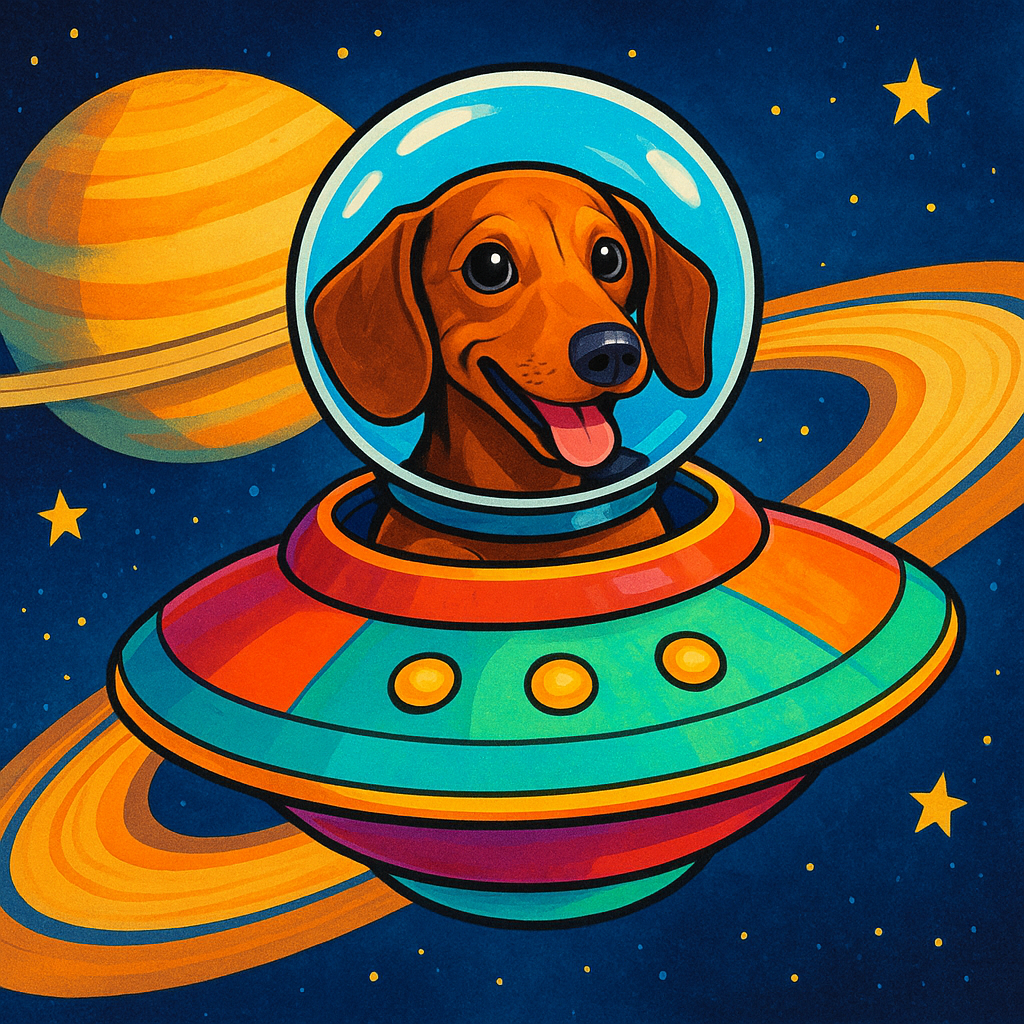 A dachshund in a bubble helmet peeking out of a colorful UFO above Saturn's rings