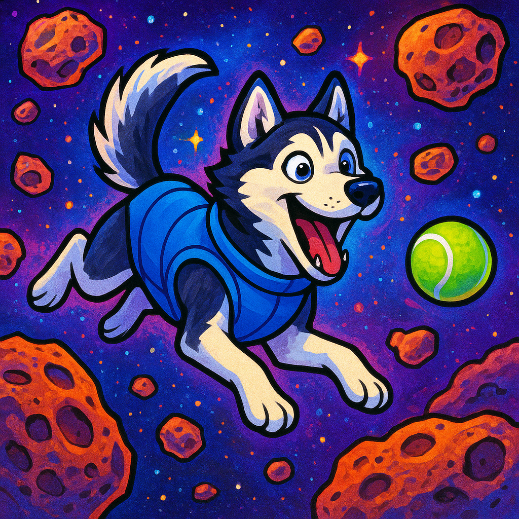 A husky playfully chasing a tennis ball among floating asteroids, wearing a blue space vest